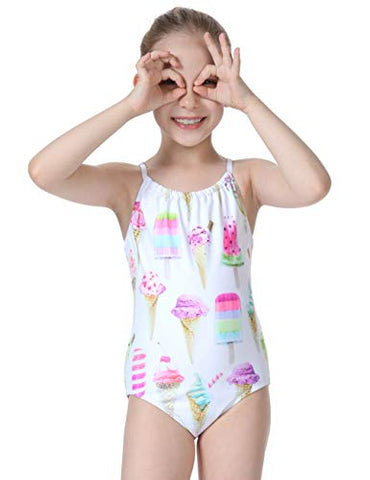Image of Cadocado Big Girls Cute One Piece Swimsuit Beach Sport Scoop Neck Bathing Suit Swimwear, Ice Cream,7Y