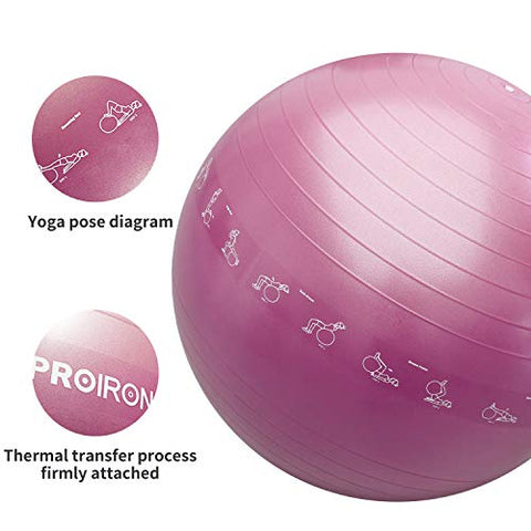 Image of PROIRON Printed Yoga Ball-55cm RED Exercise Ball with Postures Shown on The Yoga Ball, Pregnancy Ball, Anti-Burst Gym Ball, Swiss Ball with Pump, Birthing Ball for Yoga, Pilates, Fitness, Labour