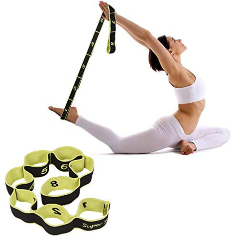 Image of FITSY Cotton Nylon Blended Elastic 8 Loops Stretching Strap for Yoga, Pilates, Exercise, Physical Therapy Home Fitness, Black