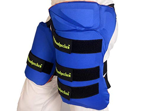 Image of Woodpecker Thigh Guard for Cricket (Blue and Orange with 3 Straps)