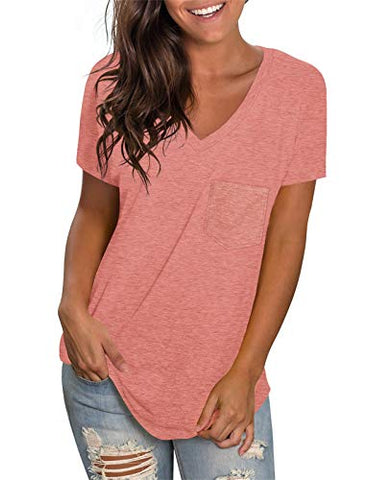 Image of WEESO Womens T Shirts V Neck Tops Short Sleeve Ladies Summer Tunic Loose Fit Tee Coral XXL