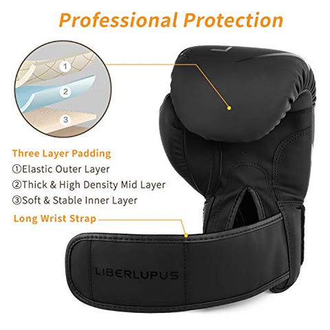 Image of Liberlupus Cool Style Boxing Gloves for Men & Women, Boxing Training Gloves, Kickboxing Gloves, Sparring Gloves, Heavy Bag Gloves for Boxing, Kickboxing, Muay Thai, MMA (Black, 10 oz)