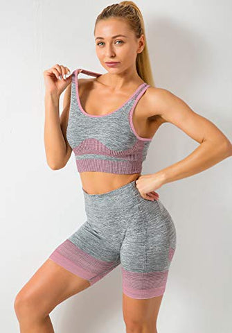 Image of OLCHEE Women’s Workout Set 2 Piece Tracksuit - Seamless Bodycon Shorts Leggings and Sports Bra Tank Yoga Outfits - Pink and Grey Size S