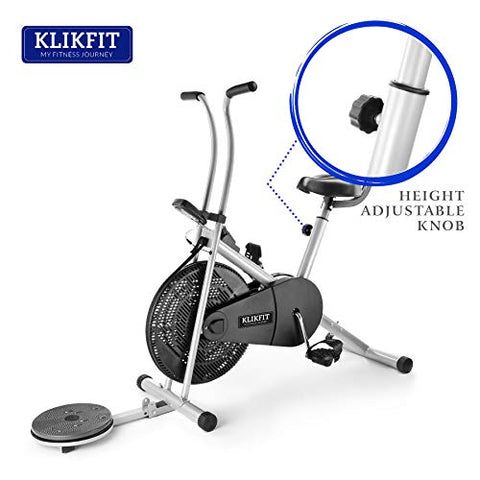Image of KLIKFIT KF04F Indoor Stationary Air Bike Exercise Cycle with Back Support & Twister Plate with Installation Support for Home Gym Cardio Full Body Weight Loss Workout, Silver, Black