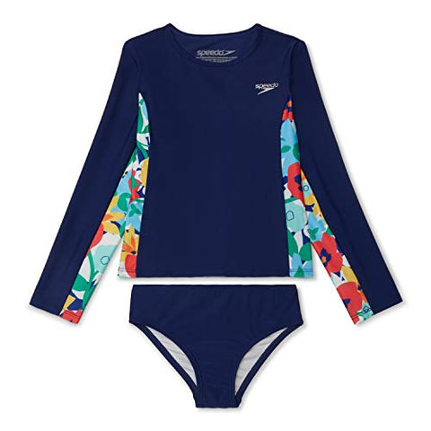 Image of Speedo Girls' Uv Swim Shirt Long Sleeve Rashguard Set, Peacoat, 4