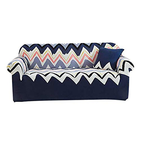 Image of House of Quirk Polyester Universal Double Seater Geometric Sofa Cover (Blue, 145-185cm)