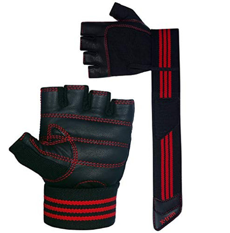 Image of X TRIM Macho Unisex Professional Weightlifting Gym Gloves with Wrist Wrap for Palm and Wrist Protection (Leather Grip, Black & Red)