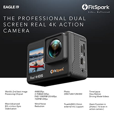 Image of FitSpark Eagle i9 Dual Screen Real 4K WiFi Action Camera with Wind Noise Reduction | Ultra HD 170° Wide-Angle Lens | 6-Axis Gyro Stablization + EIS | 2.5mm External MIC Support | Smartwatch Remote