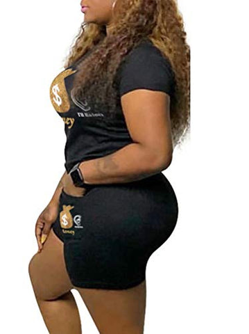 Image of Ramoug Women 2 Piece Outfits Lips Letter Print Short Sleeve T Shirt Biker Shorts Set Tracksuit S Deep Pink