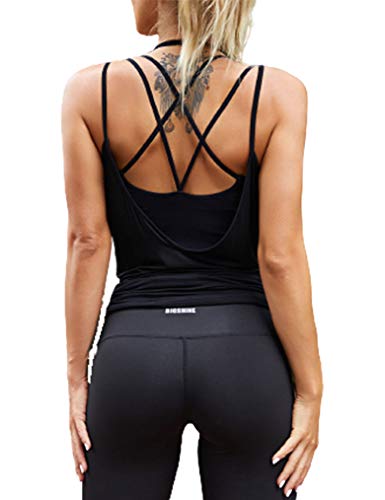 Tobrief Womens Summer Workout Tops Sexy Backless Yoga Shirts Open Back  Activewear Running Sports Gym Tank Top Black M