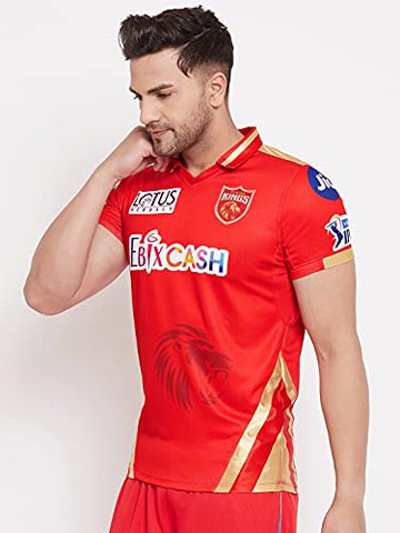 Image of T10 Sports KXIP Punjab Player Jersey Ed.2021 Half Sleeve Red & Gold | Kings XI Punjab Jersey | Punjab Kings Player Jersey | KXIP Player T-Shirt | IPL Cricket T-Shirt for Unisex Red