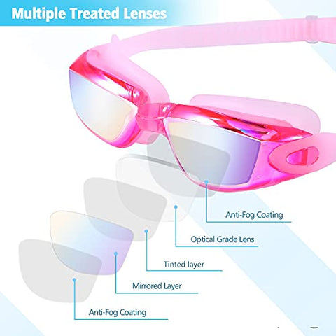 Image of Rapidor Swim Goggle for Men Women Teens, Anti-Fog UV-Protection Leak-Proof, RP905 Series Multiple Choices (Pink- Mirrored Lenses)