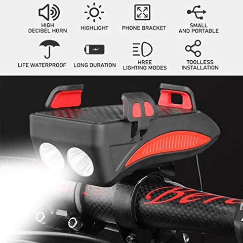 Image of AFPIN USB Rechargeable Cycle Light with Mobile Holder Cycle Light and Horn 400 Lumens Cycle Lights Waterproof 2000mah Cycle Light with Horn Rechargeable Front Light