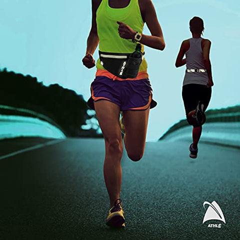 Image of Athlé Running Fanny Pack with Water Bottle Holder - Adjustable Run Belt Storage Pouch with Zipper Pocket for Sports and Travel – 360° Reflective Band – Fits iPhone Plus, Galaxy Note – Black/Silver