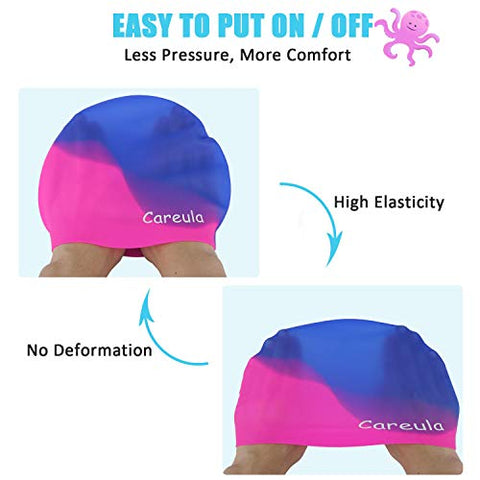 Image of Swim Cap, 2 Pack Durable Silicone Swimming Caps for Kids Girls Boys Youths (Age 2-12), Soft 3D Ergonomic Waterproof Kids Swim Caps, Comfortable Fit for Long Hair and Short Hair