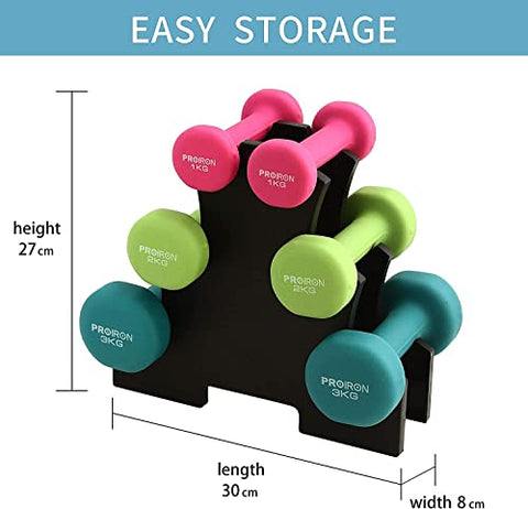 Image of PROIRON Neoprene Dumbbell with Rack Set 1kg/2kg/3kg - Home Exercise for Ladies Kids Arm Hand Weights Pilates Dumbbells