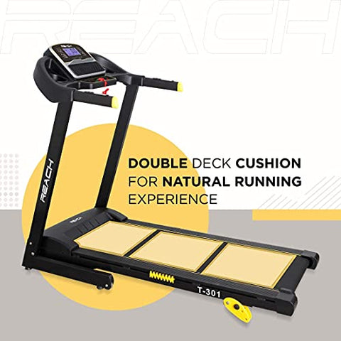 Image of Reach T-301 Folding Treadmill Peak 4 HP | Foldable Home Fitness Equipment with LCD Display for Walking & Running | Cardio Exercise Gym Machine | 4 Incline Levels | 12 Preset or Adjustable Programs | Bluetooth Connectivity | 100 Kgs Max User Weight