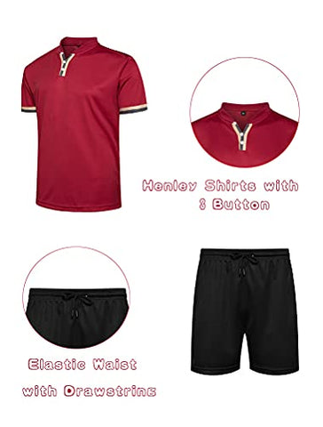 Image of PASOK Men's Casual Tracksuit Short Sleeve Athletic Sports T-Shirts and Shorts Suit Set Red S