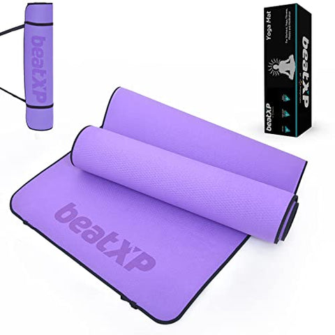 Image of beatXP Purple Color Yoga Asan Mat (6mm) With Black Edges & Carry Strap, Non Slip Extra Thick, High Resilience Exercise Mat For Meditation, Pilates, Stretching, Floor & Gym Fitness Workouts Ideal For Men and Women