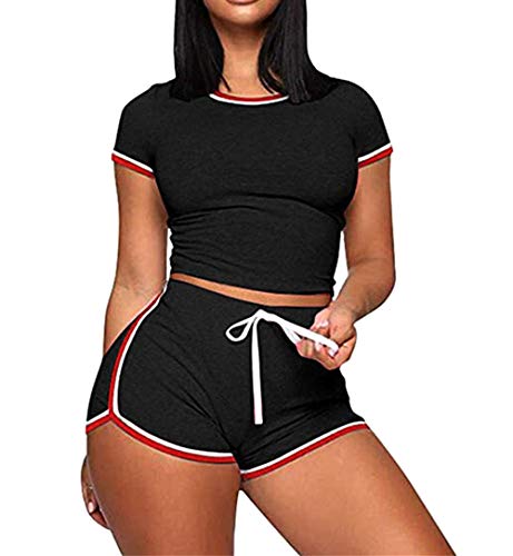 Women 2 Piece Workout Outfits Short Sets Sexy Bodycon Crop Top Shirts &  Sports Shorts Activewear Set (Black,X-Large)