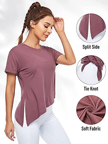 Image of Cootry Side Split Tunic Tops for Women Short Sleeve Loose Yoga Workout Shirt Sport Gym T-Shirts Casual Tie Knot Tees for Spring Summer Brick Red