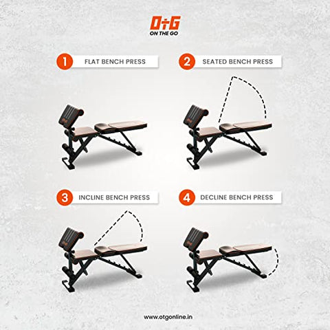 Image of OtG ON THE GO 6 in 1 Multi-Functional Weight Strength Training Foldable Incline Decline Exercise Preacher Bench for Home Gym (Black, Orange) - Max Weight Capacity: 300 Kg
