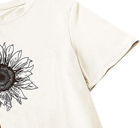 Image of Chulianyouhuo Sunflower Graphic Shirt for Women Cute Flower Short Sleeve Casual Tee Tops Beige