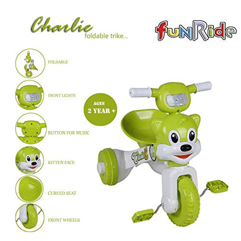 Image of Fun Ride Charlie Cat Foldable Tricycles with Music and Lights for Boys and Girls of 2-4 Years (Green, Weight Upto 18 Kg)