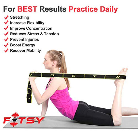 Image of FITSY Cotton Nylon Blended Elastic 8 Loops Stretching Strap for Yoga, Pilates, Exercise, Physical Therapy Home Fitness, Black