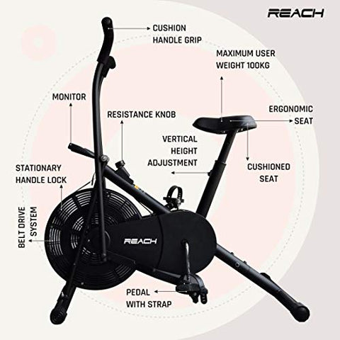 Image of Reach Air Bike Exercise Cycle With Moving Handles & Adjustable Cushioned Seat (Multi-color)