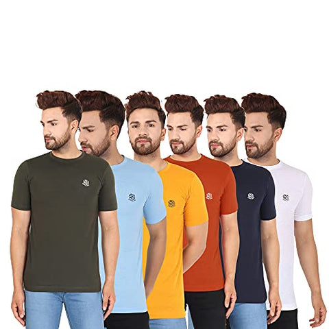 Image of RZERO9 Men's Solid Plain Regular Fit Half Sleeve Cotton Round Neck T-Shirt Combo (Pack of 6)/OLIVESKY Blue/Mustard/Rust/Navy/White