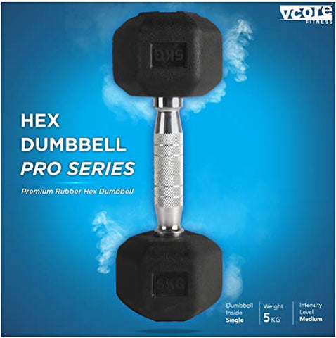 Image of VCORE FITNESS Hex Dumbbell 5Kg Single Dumbbell, Ideal for Home Gym Dumbbells Exercise Workout for Men & Women, Steel Iron Rubber Encased, Black