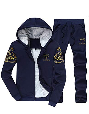 Image of PASOK Men's Casual Tracksuit Full Zip Running Jogging Athletic Sports Jacket and Pants Set Thicken Blue 2XL