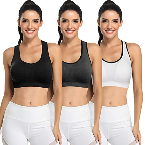 Image of BHRIWRPY Women's Synthetic Padded Strappy Sports Activewear Wire Free Bra for Yoga Running Fitness (Black Grey and White, Small)