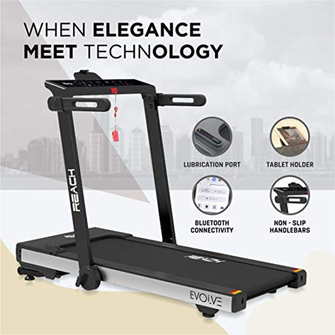 Image of Reach Evolve 6 HP Peak | For Running Walking & Jogging with Auto Incline | 90 Degree Foldable Treadmill for Home Gym | Fitness Machine with LCD Display & Bluetooth | 15 Preset Workouts for Cardio | 16 km/hr Max User Weight 110 kgs