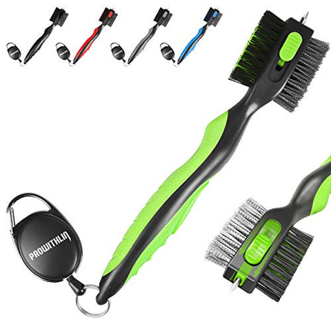 Image of Golf Club Brush and Golf Club Groove Cleaner 2 in 1, 2ft Retractable Zip-line Metal Buckle and Retractable Sharp Pick, Multifunctional Brush Head with Nylon and Wire Bristles(Black and Green Upgraded