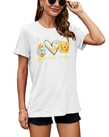 Image of Ferrtye Womens Sunflower Print Graphic T Shirts Short Sleeve Novelty Summer Tops (White, Large)