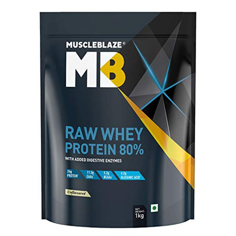 Image of MuscleBlaze Raw Whey Protein Concentrate 80% with Added Digestive Enzymes, Labdoor USA Certified (Unflavoured, 1 kg / 2.2 lb, 33 Servings)