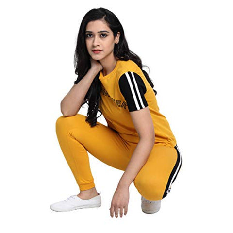 Image of JUNEBERRY Cotton Half Sleeve & Track Pants Co-Ords Track Suit Set for Women and Girls (CO_01_YLW_Rule_S_Yellow_Small)