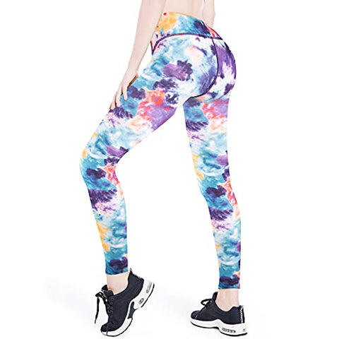 Image of Women's High Waist Workout Leggings with Pockets Naked Feeling Yoga Pants Tummy Control Sports Activewear Tights, Tie Dye Blue, Large