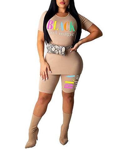 Image of Women's Lightweight Two Piece Sports Outfit Letter Printed Tracksuit Shirt Shorts Jogger Sportswear Set Activewear Apricot XL