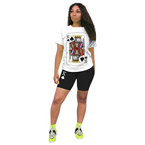 Women 2 Piece Sports Outfits Sets-Short Sleeve Poker Print T Shirts