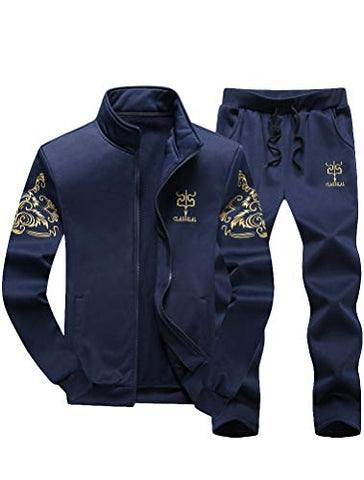 Image of Lavnis Men's Casual Tracksuit Full Zip Running Jogging Athletic Sports Jacket and Pants Set Blue 2XL
