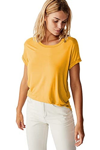 Image of Fabricorn Combo of Plain Black V-Neck and Mustard Yellow Round Neck Up and Down Cotton Tshirt for Women (Black and Mustard Yellow, Small)