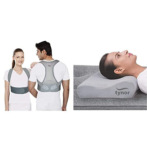 Image of Tynor Posture Corrector, Grey, Medium, 1 Unit & Contoured Cervical Pillow, Grey, Universal Size, 1 Unit