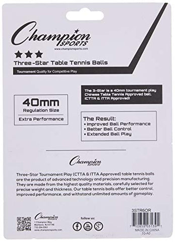Image of Champion Sports 3 Star Table Tennis Ball Pack, Tournament Size - Orange Ping Pong Balls, Set of 6, with 40mm Seamless Design - Professional Table Tennis Equipment, Accessories - CTTA and ITTA Approve