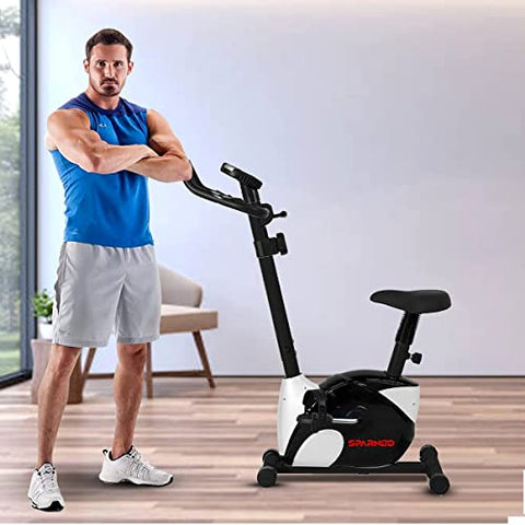 Image of SPARNOD FITNESS SUB-52 Upright Exercise Bike for home gym - LCD Display, Height Adjustable Seat, Compact design 4Kg Flywheel and Heart Rate Sensors Perfect Cardio Exercise Cycle Machine (Black/White)