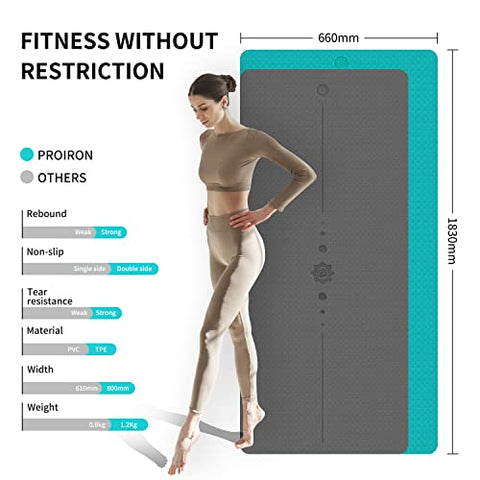 Image of PROIRON TPE Yoga Mat 1830×660×6 mm(Cyan/Brown), Yoga Mat Extra Wide, Non Slip Large Exercise Mat Pilates Mat with Carry Strap for Fitness Home Gym TPE Eco Friendly Yoga Mat