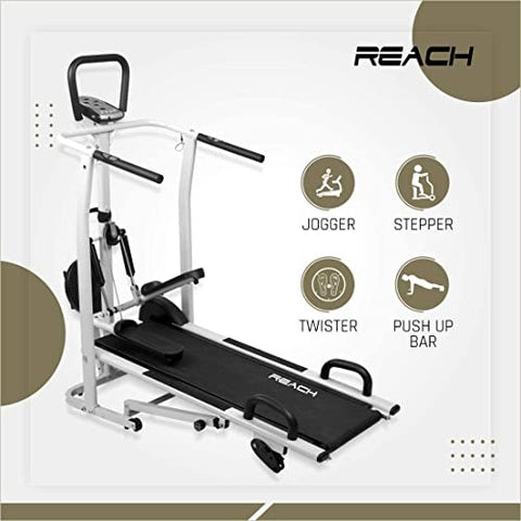 Image of Reach T-100 4 in 1 Manual Treadmill for Home Gym | Multi-Functional (Jogger, Twister, Stepper & Push-up bar) Treadmill | 3 Level Manual Incline | For Full Body Workouts | Max User Weight 120kg