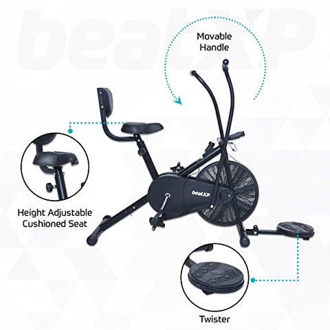 Image of beatXP Full Body Workout Gym Fitness 4M Air Bike Exercise Cycle with Adjustable Seat, Back Support, Tummy Twister & Moving Handles (Black)